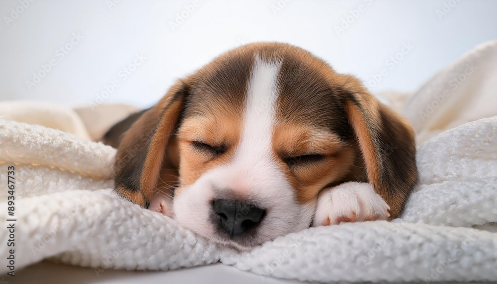 白い毛布の上で寝るビーグル犬の赤ちゃん 白い毛布の上で寝るビーグル犬の赤ちゃん