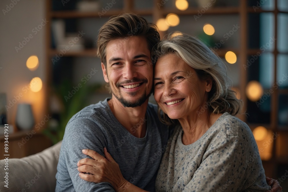 Fototapeta premium Happy, boy and mother hugging in home with love, bonding and together for relationship with caring embrace. Relaxing, family and apartment for childcare or parent, affection and kid smiling in house