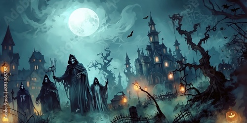 eerie halloween night with haunted house and grim reapers 