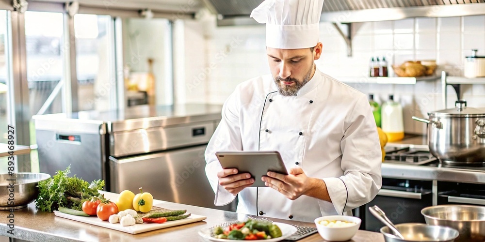 Focused Chef Reviews Recipe on Tablet in Modern Kitchen. A dedicated chef carefully plating a gourmet dish while using a tablet for reference in a bustling kitchen. Focused Chef Reviews Recipe on Tablet in Modern Kitchen. A dedicated chef carefully plating a gourmet dish while using a tablet for reference in a bustling kitchen.