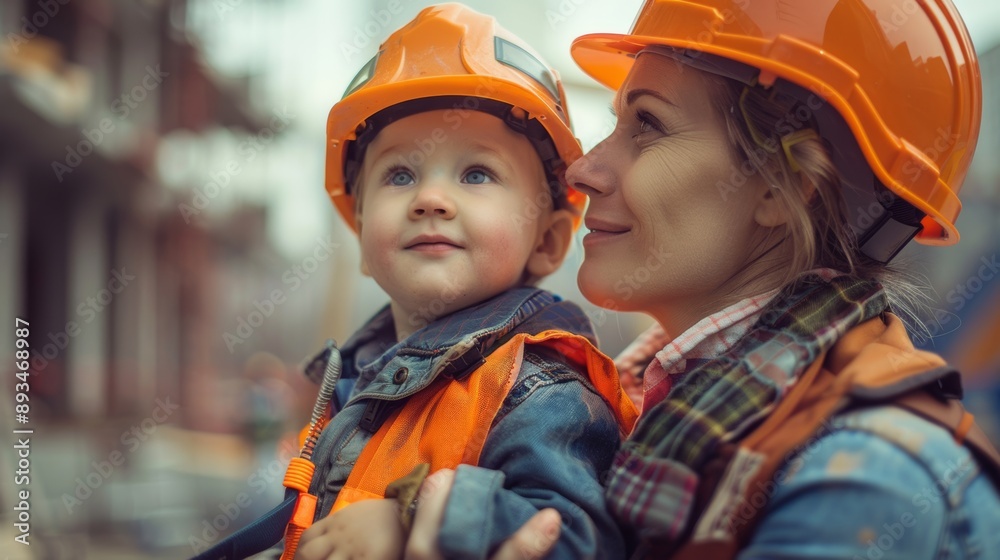 Photo of mother and young construction worker wearing orange hats Photo of mother and young construction worker wearing orange hats