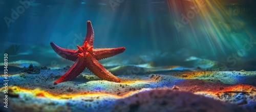 Underwater, a red starfish stands on the seafloor illuminated by rainbow-like patterns of sunlight, creating a vibrant scene with copy space image.