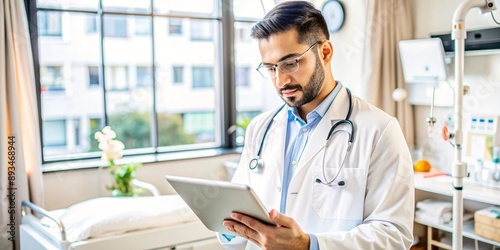 Wallpaper Mural Modern Healthcare Professional Using Digital Tablet. A focused male doctor in a white coat reviews patient information on a tablet in a bright, contemporary hospital setting. Torontodigital.ca