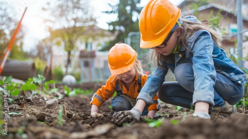 Photo of mother and young construction worker wearing orange hats