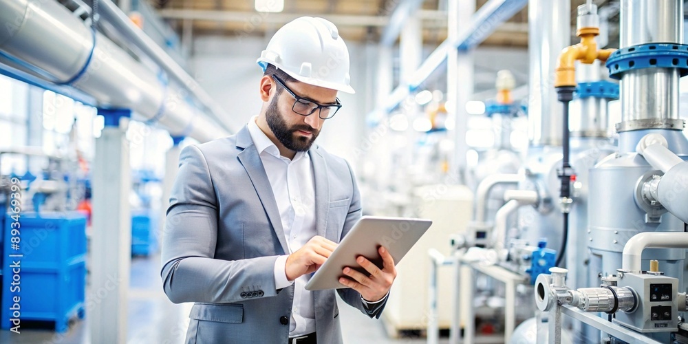 Industrial Engineer Monitoring Machinery with Digital Tablet. A focused industrial engineer in a hard hat uses a digital tablet to check systems in a high-tech factory setting. Industrial Engineer Monitoring Machinery with Digital Tablet. A focused industrial engineer in a hard hat uses a digital tablet to check systems in a high-tech factory setting.