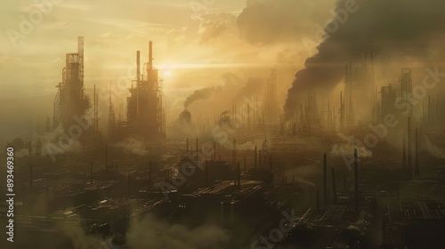 A hazy industrial cityscape at sunset with tall smokestacks emitting plumes of smoke casting an ominous glow over the buildings