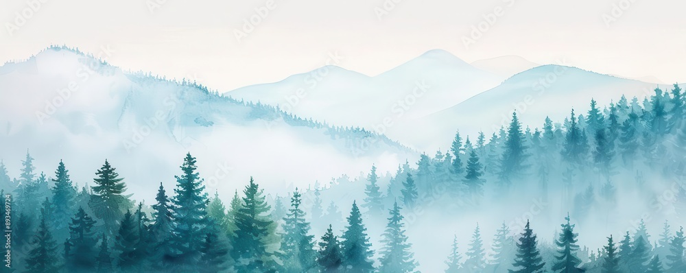 Watercolor painting of a misty mountain range with a forest in the foreground.