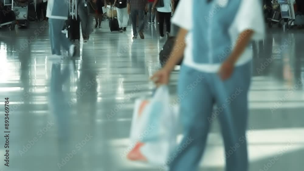 Selective focus on travelers at a busy airport waiting to check in and board. Passengers handle luggage, check flight info, and prepare travel documents amid the bustling scene