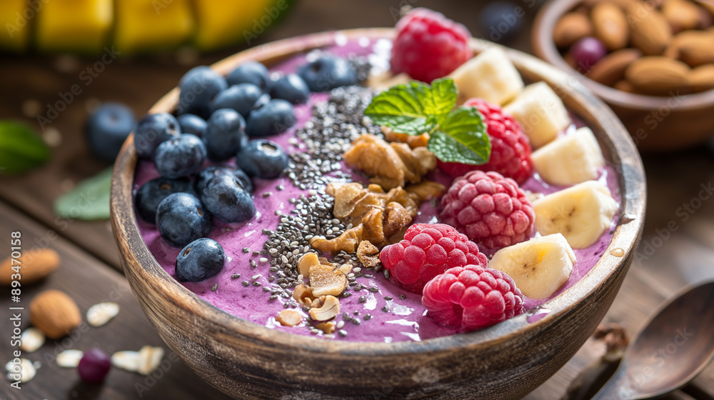 A healthy smoothie bowl with fresh fruits and nuts on a wooden table A healthy smoothie bowl with fresh fruits and nuts on a wooden table