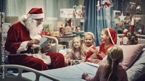 photograph of a doctor and their pediatric patients playing holiday games and decorating a Christmas tree in a hospital playroom photo