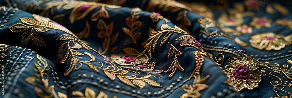 Closeup of a Dark Blue Fabric with Gold and Pink Floral Embroidery Closeup of a Dark Blue Fabric with Gold and Pink Floral Embroidery