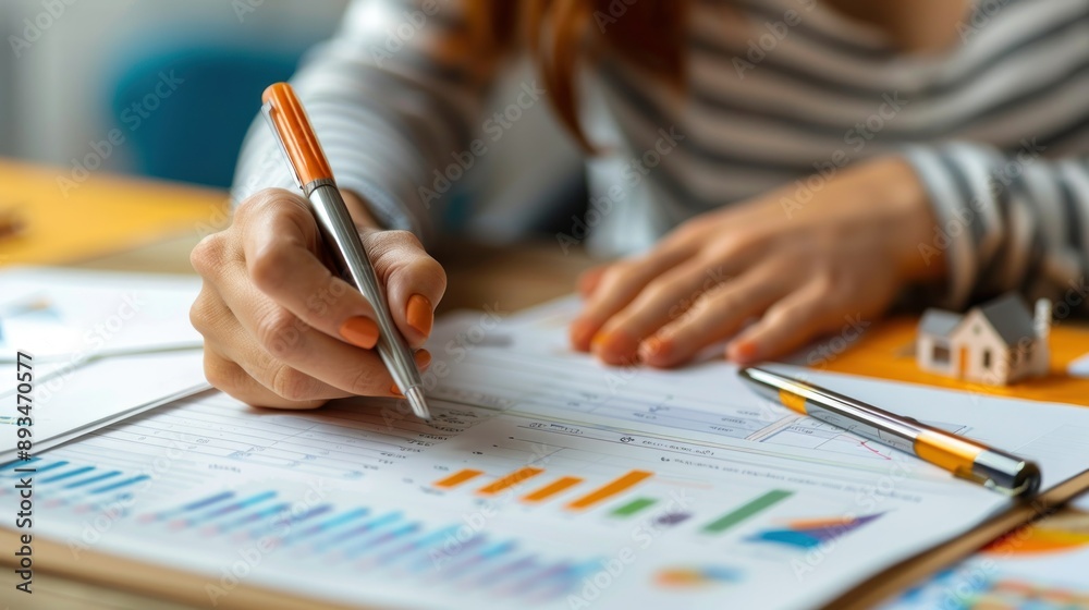 A hand with orange nails holds a pen above a chart and a miniature house A hand with orange nails holds a pen above a chart and a miniature house