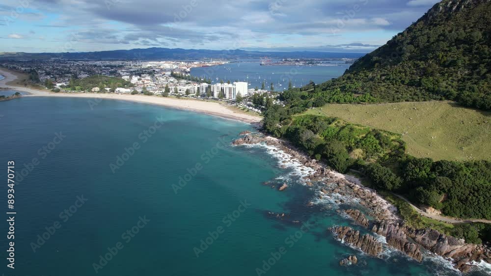 White Sand Beach With City Skyline In Mount Maunganui, Tauranga, New Zealand - Aerial Drone Shot
