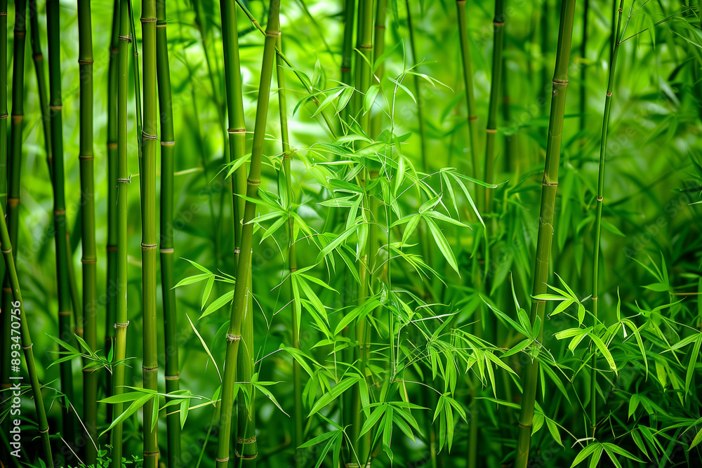Fototapeta premium A dense bamboo forest with green leaves and slender stalks, creating an atmosphere of tranquility and natural beauty