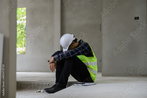 Young Asian male construction worker staff feeling sad and upset while sitting on the floor of the building construction site due to been fired from job cause by company bankruptcy economic recession.