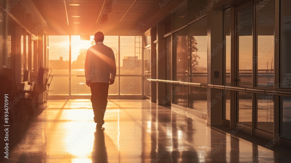 Photograph of a doctor walking down a hospital hallway in the morning, bathed in the warm glow of the rising sun Photograph of a doctor walking down a hospital hallway in the morning, bathed in the warm glow of the rising sun