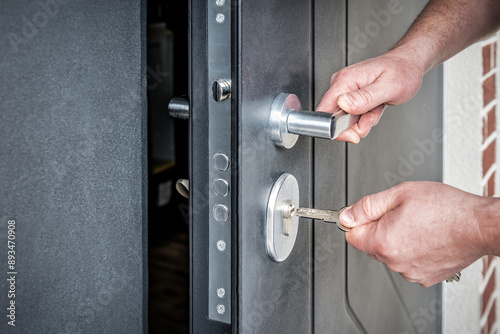 Hand putting house key into front door lock of house