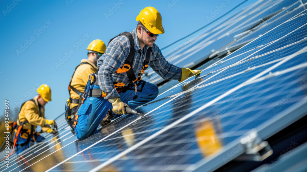 Fototapeta premium Workers in protective gear installing solar panels on a roof under clear blue skies, focusing on renewable energy.