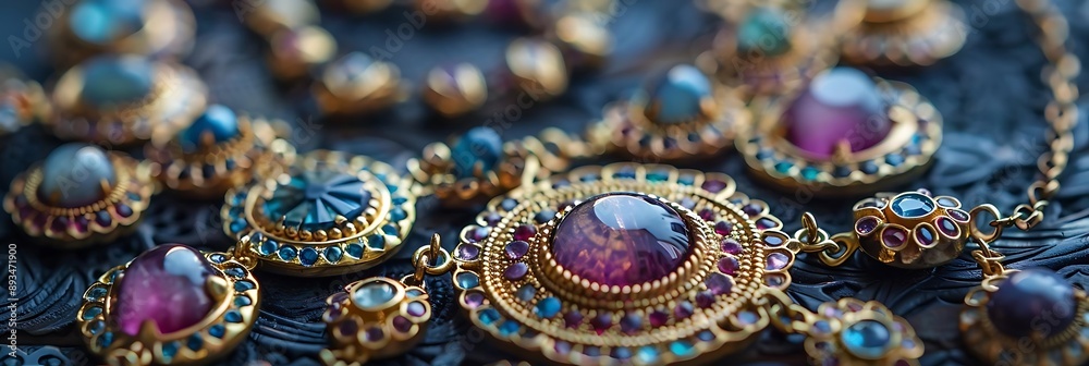 Closeup of a Gold Necklace with Gemstones - Jewelry Detail Photo Closeup of a Gold Necklace with Gemstones - Jewelry Detail Photo