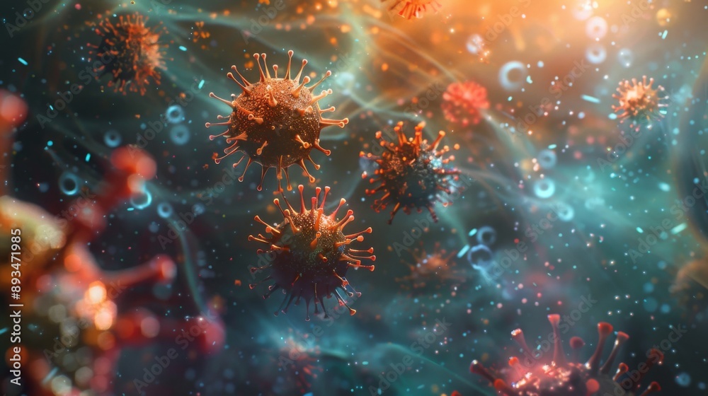 Fototapeta premium Colorful Viruses under microscope, Dangerous influenza or coronavirus cells for background