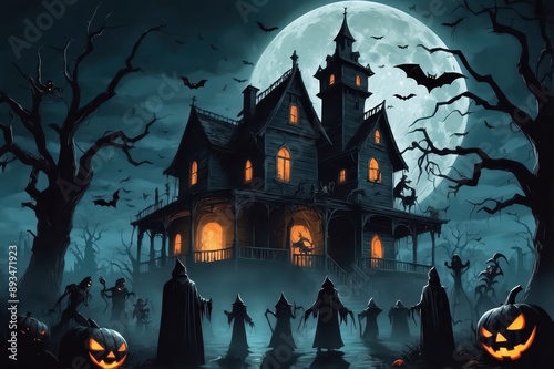 haunted house with glowing jack-o-lanterns on halloween night 