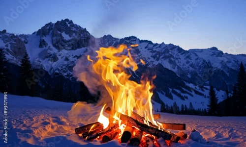 Burning bonfire with winter Mountains in the background