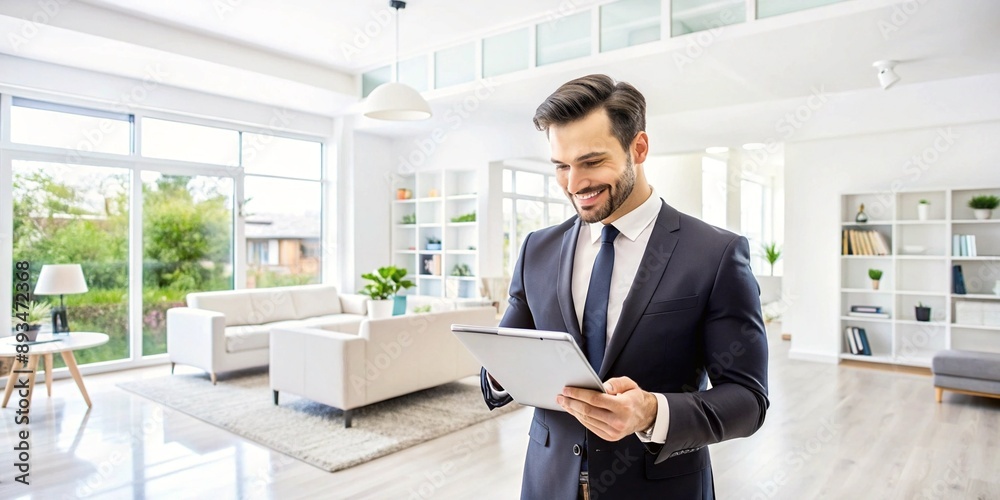 Businessman in Focus: Analyzing Data in Retail Setting. A well-dressed businessman in a suit and tie is standing in a clothing store, focused on his tablet.