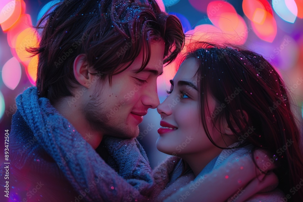 Romantic couple embracing in a city at night with colorful lights. Captures love, closeness, and winter atmosphere. Romantic couple embracing in a city at night with colorful lights. Captures love, closeness, and winter atmosphere.