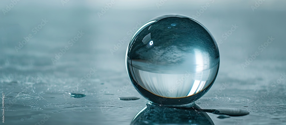 Closeup of a glass ball on a mirrored surface, providing an empty space for adding an image.
