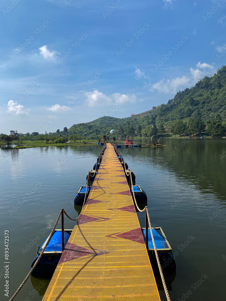 Obraz premium a floating bridge in the middle of a lake and swamp