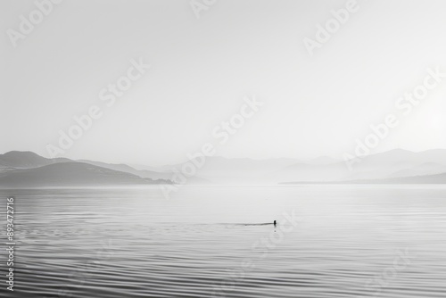 Silhouette Swimming in Misty Lake © jambulart