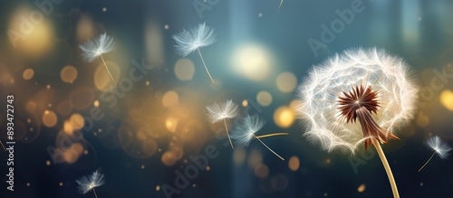 Dandelion with white blooms on dark background adorned with golden and silver sparkles. Blurred effect for a festive background, featuring creative copy space image.