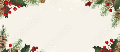 Festive Christmas background with ample copy space image, showcasing a flat lay and top view. Adorned with a decorative frame of fir branches and holly berries, plus a paper notice sheet.