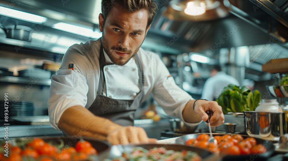 experienced chef skillfully sautéing vegetables in a busy restaurant kitchen with a confident expression experienced chef skillfully sautéing vegetables in a busy restaurant kitchen with a confident expression
