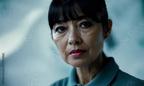 Close-up portrait video of a serious Chinese woman in her 40s wearing a sporty polo shirt against an abstract background 