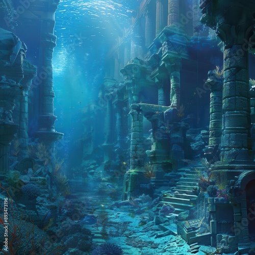 mysterious underwater ruins of an ancient city shrouded in ethereal blue light ornate sculptures and crumbling architecture blend with vibrant coral and exotic sea life