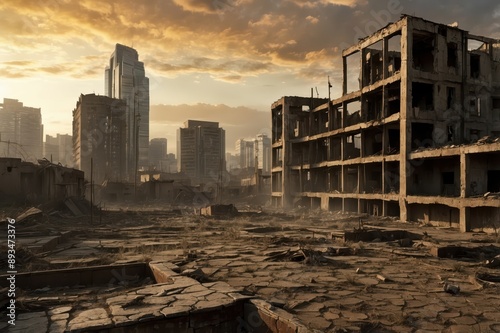 post-apocalyptic cityscape at sunset 