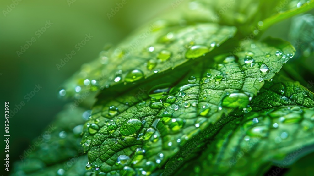 Close-up of dew drops on a bright green leaf with sharp details Close-up of dew drops on a bright green leaf with sharp details