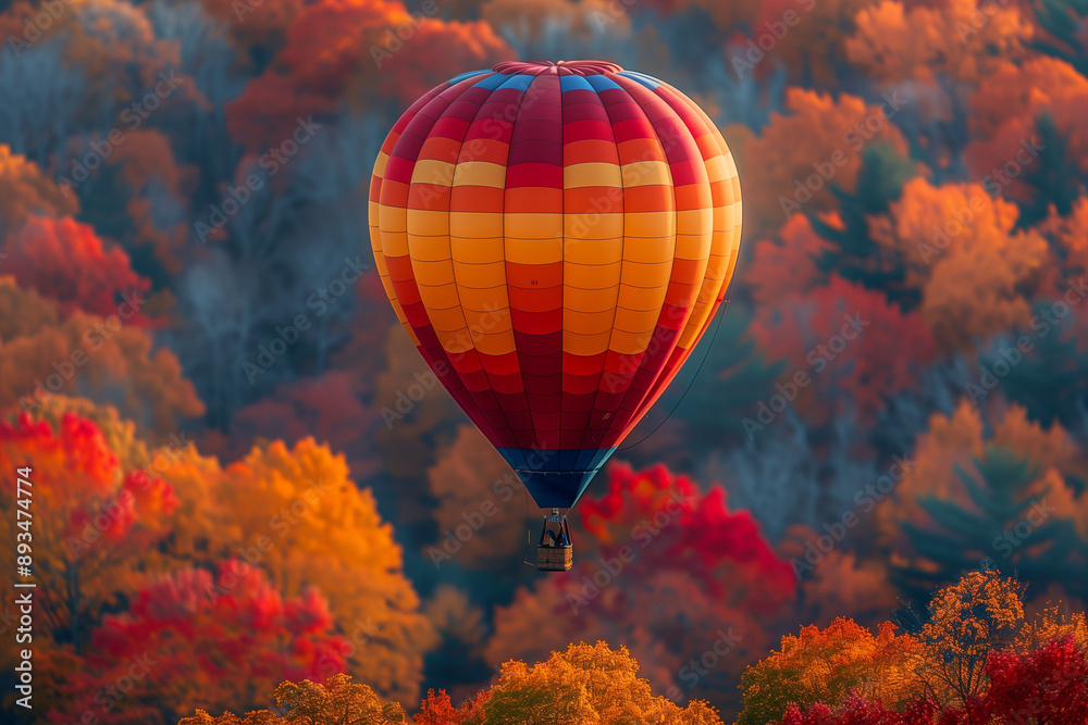 Fototapeta premium Hot Air Balloon Drifts Super Low Over Colorful Fields