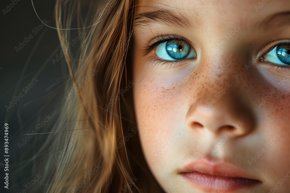 Closeup portrait of a young girl with blue eyes and freckles. Generative AI Closeup portrait of a young girl with blue eyes and freckles. Generative AI