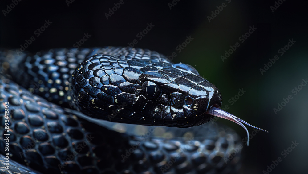 Fototapeta premium Close-Up of Black Snake with Glossy Scales and Forked Tongue on black background