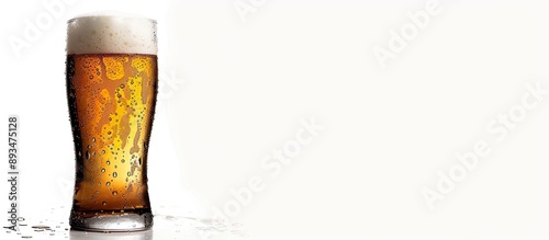 Cold beer in a Teku glass with frothy foam water droplets isolated on white with copy space image