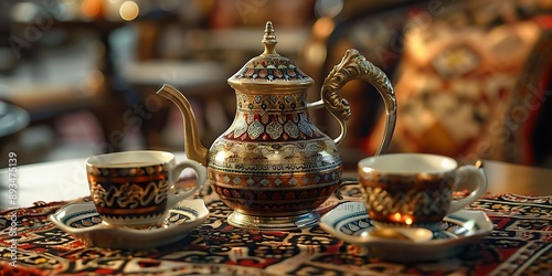 Ornate Teapot and Cups on a Persian Rug - Still Life Photography