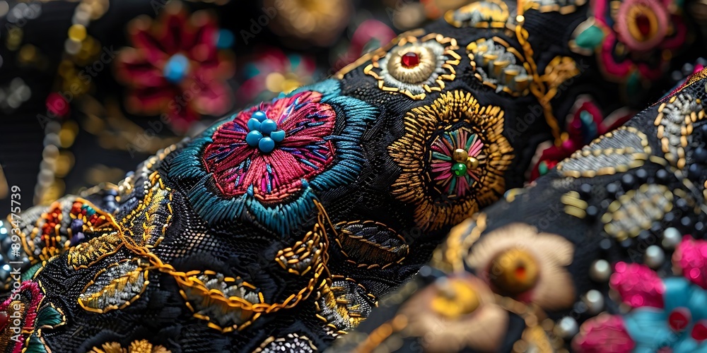 Close Up of Colorful Embroidery on Black Fabric - Illustration Close Up of Colorful Embroidery on Black Fabric - Illustration