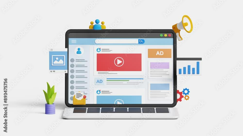 Social media marketing, promote brand, SEO, digital advertising, content marketing or online campaign concept. 3D social media page on laptop with marketing icons. 4k 3d animation. Trim 3 sec for loop Social media marketing, promote brand, SEO, digital advertising, content marketing or online campaign concept. 3D social media page on laptop with marketing icons. 4k 3d animation. Trim 3 sec for loop