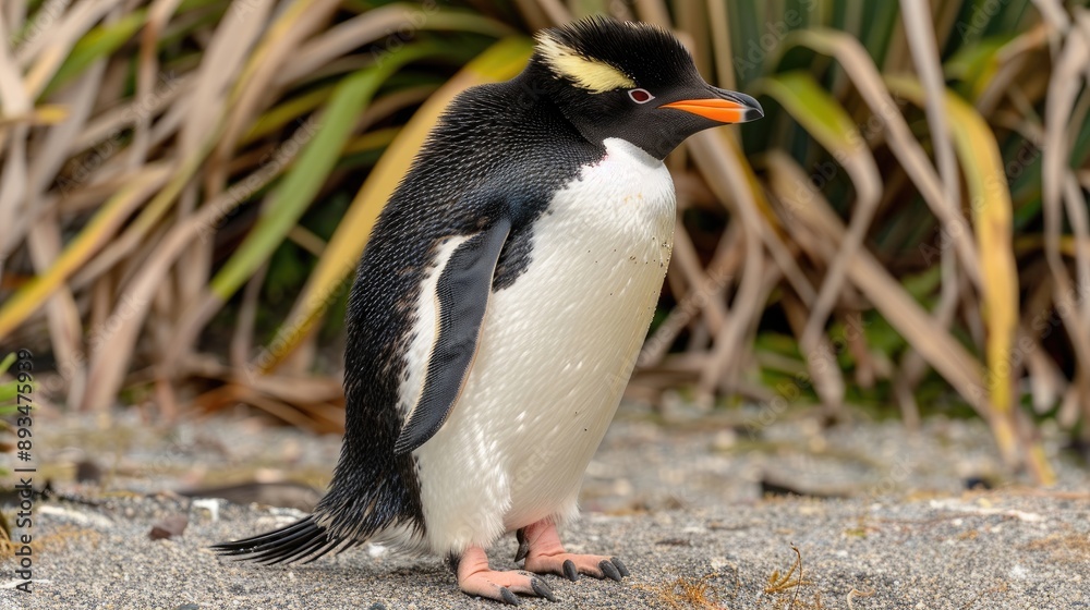 Fototapeta premium A lone Erect-crested Penguin stands in a puddle with wet feathers, its yellow crest visible against the lush green rainforest background