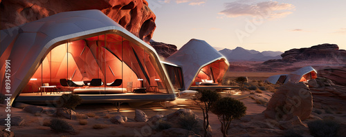 Futuristic glamping tents with bis glass windows in rocky desert or mountains photo