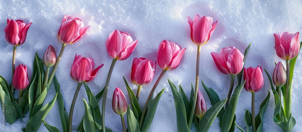 Top view of pink tulips on snowy surface with copy space image Top view of pink tulips on snowy surface with copy space image