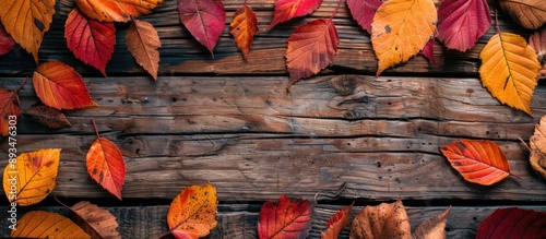 Flat lay view of a fall themed backdrop with an assortment of vibrant autumn leaves on weathered wooden planks ideal for adding text in the copy space image