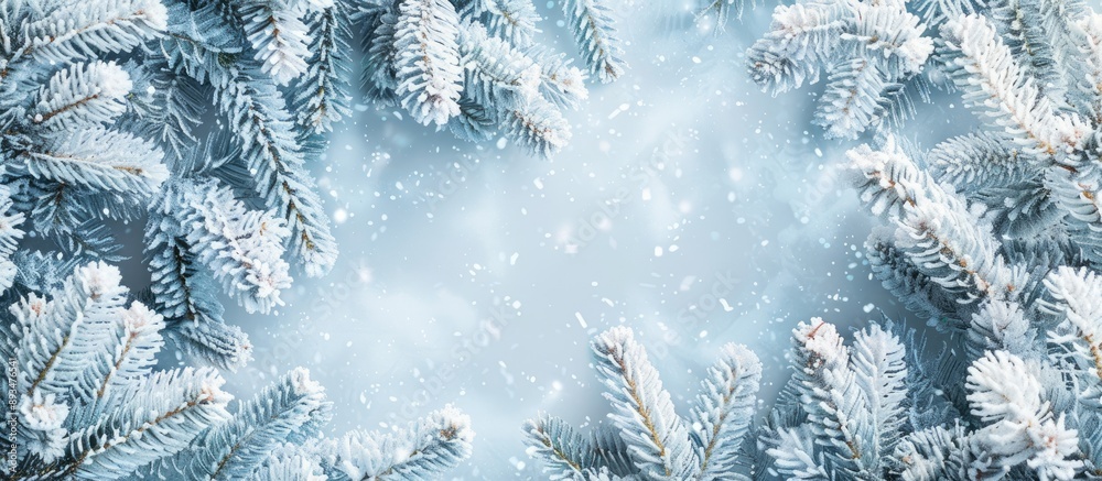 Close up of snow covered coniferous branches creating a winter Christmas abstract background with copy space image Close up of snow covered coniferous branches creating a winter Christmas abstract background with copy space image